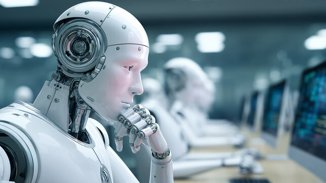 Several humanoid robots are seated in a modern office space, focused on computer screens. Each robot displays a thoughtful expression as they process information, showcasing advanced technology
