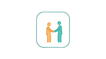 Handshake Icon in Teal Bordered Square: Depicts Business Agreement and Partnership.                                                                   
