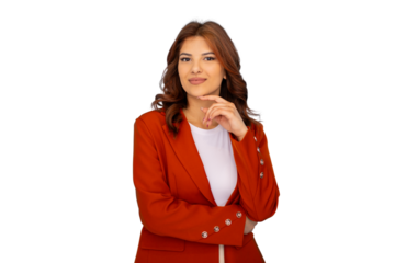 Professional woman in orange jacket pondering, hand on chin, white t-shirt, transparent studio background