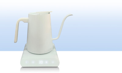 side view white electric kettle on a white electric stove on white floor, gradient white and blue wall background, technology, object, electric , copy space