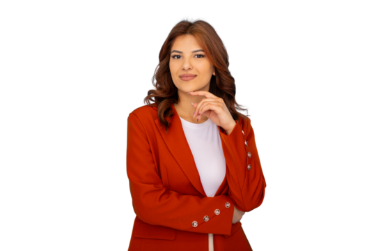 Professional woman in orange jacket pondering, hand on chin, white t-shirt, transparent studio background