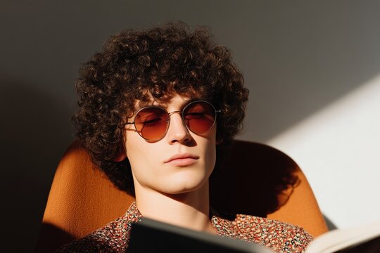 Young man with curly hair and retro sunglasses is relaxing in an orange chair, reading a book, with soft light creating a warm atmosphere and highlighting his stylish appearance