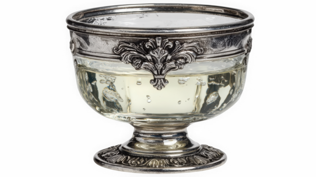 Ornate silver rim glass compote with liquid inside