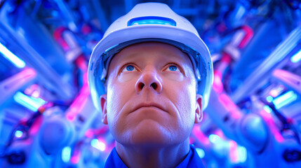A focused engineer wearing a hard hat looks up towards the ceiling of a futuristic robotics lab
