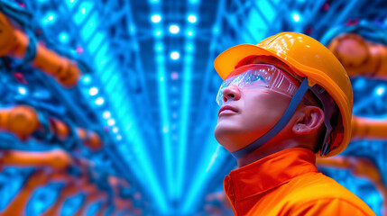 A worker wearing a safety helmet and glasses looks up in amazement at the bright blue lighting and robotic arms in an advanced factory setting