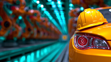 In a cutting-edge production facility, a bright orange car with a yellow hard hat rests on the assembly line. Automated robotic arms work in the background