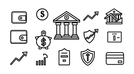 Finance Icon Set: Outlined Symbols for Banking, Investment, and Financial Transactions.                                                               