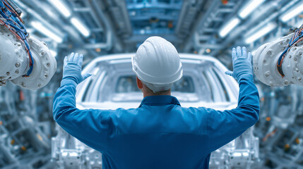 In a high-tech manufacturing facility, a worker in a blue uniform and hard hat directs robotic arms that are assembling a car