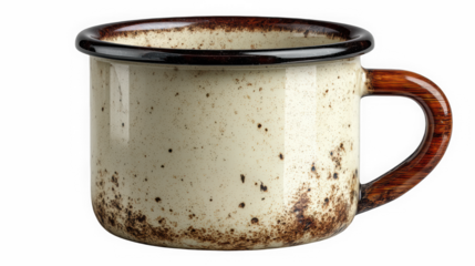 Speckled enamel mug with wooden look handle