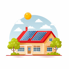 Vector illustration of a sustainable home where a drone can fly by for inspection, showcasing solar panels with clean energy flying through the power system