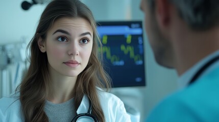A woman doctor examines a patient in a hospital room, discussing health concerns with another professional.