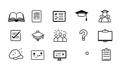 Minimalist Icon Set Featuring Education, Knowledge, and Online Learning Elements in Black and White Outline Style.                                    