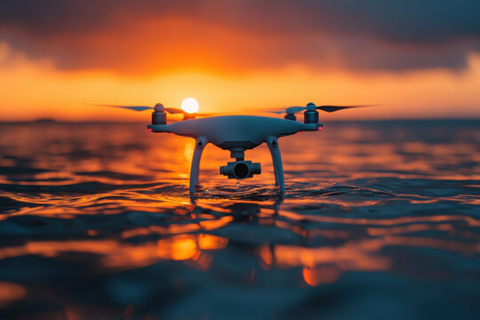 Drone flying over ocean at sunset.