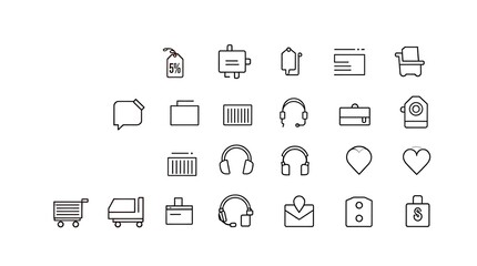 Minimalist E-commerce Icon Set in Line Style: Essential Symbols for Online Shopping and Digital Retail on White Background.                           
