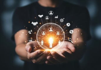 Hands holding a glowing digital sphere representing global business network connections and human resources management concepts