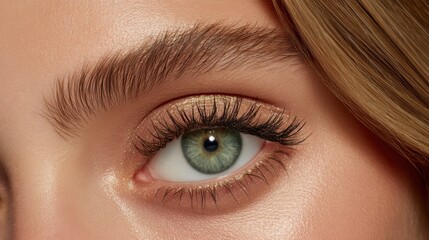Obraz premium Close-up of a green eye with long lashes, shimmery eyeshadow, and well-groomed eyebrow, highlighting natural beauty and makeup detail