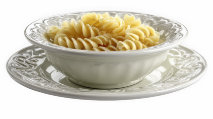 White decorative bowl filled with pasta on plate