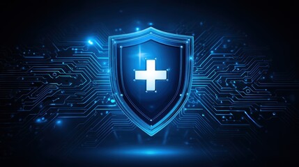 Fototapeta premium A glowing blue shield with a white medical cross stands in front of a digital circuit background, symbolizing cybersecurity in healthcare