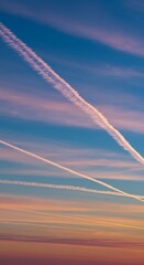 Colorful sunset sky with airplane contrails during evening  
