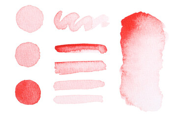 Painted red watercolor samples isolated on white