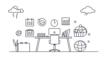 Minimalist Office Setup: A Clean Line Art Workspace with Desk, Computer, and Business Icons in Blue Outline.                                          