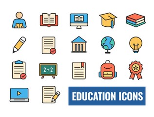 Set of 17 modern education icons in flat design style with books, graduation cap, laptop, pencil, and learning symbols on white background – perfect for digital and print use