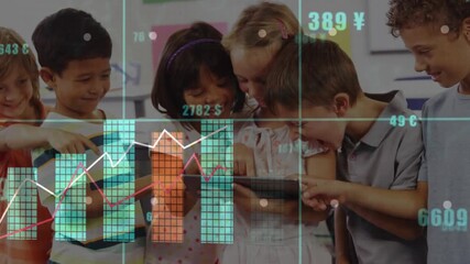 Seven children gathering around tablet tapping, exploring currency grid and growing bar chart - Powered by Adobe