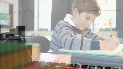 Camera adjusting focus and animating graph and bar chart as boy writing in notebook for education - Powered by Adobe
