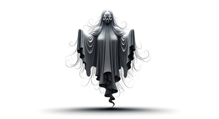 A spectral figure with glowing eyes draped in flowing fabric against a white background art illustration ai generated