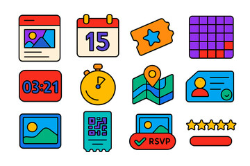 Event App Icons. Isometric vector illustration set Event booking app: event card, calendar date, ticket icon, seat map, countdown