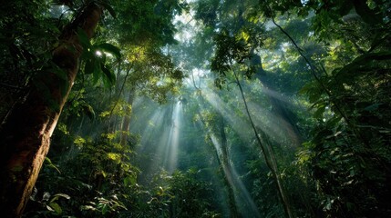 Sunlight streams through dense, lush green foliage in a vibrant tropical rainforest, highlighting the natural beauty and tranquility of the jungle