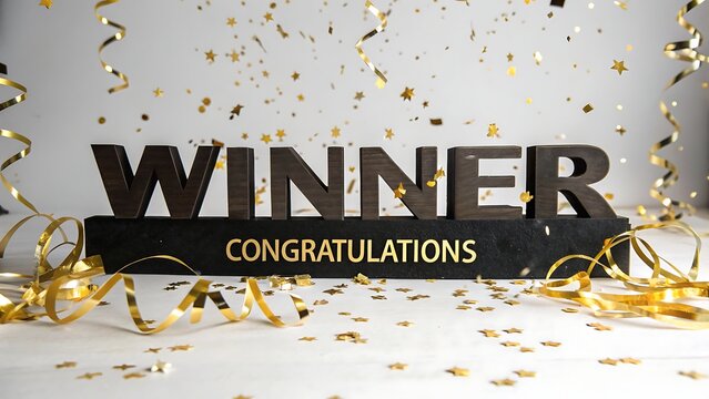Wooden letters spelling winner with a sign that says congratulations, surrounded by confetti and streamers