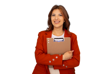 Professional businesswoman smiling, holding clipboard in studio setting, transparent background ideal for graphic design and corporate branding