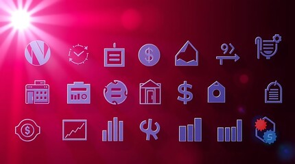 Finance & Business Icon Set: Purple Isometric Design on Red Backdrop with Glowing Sun Rays                                                            
