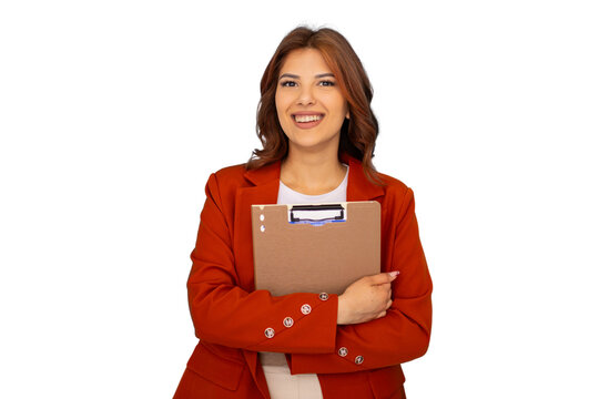Professional businesswoman smiling, holding clipboard in studio setting, transparent background ideal for graphic design and corporate branding