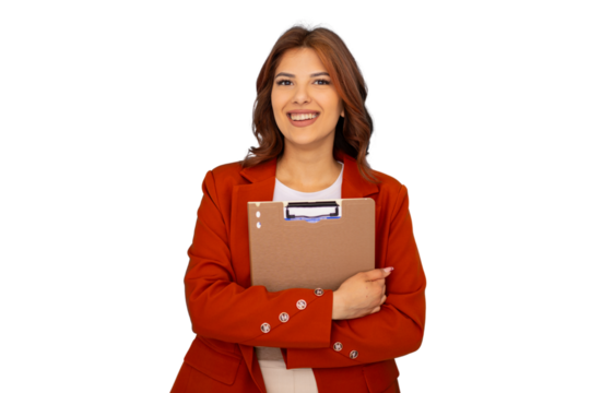 Professional businesswoman smiling, holding clipboard in studio setting, transparent background ideal for graphic design and corporate branding