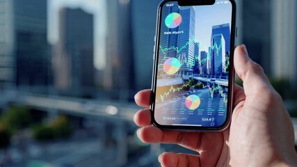 Exploring stock market trends with a smartphone in a bustling cityscape - Powered by Adobe