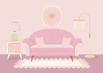 Elegant Pink Living Room Interior with Sofa Nightstand Lamp and Decoration