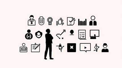 Business Icons Collection with Standing Silhouette, a simple monochromatic vector illustration for diverse business themes, isolated on light background.