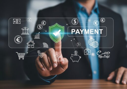 A persons finger touching a digital screen displaying payment icons and a shield, representing secure online transactions - Powered by Adobe