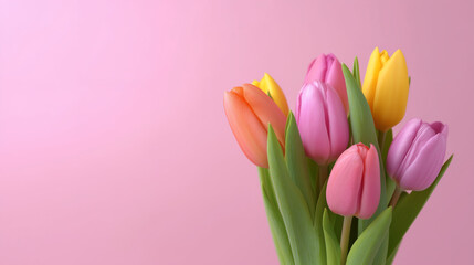 Fototapeta premium Colorful tulip bouquet with pink yellow and orange flowers on a pastel pink background