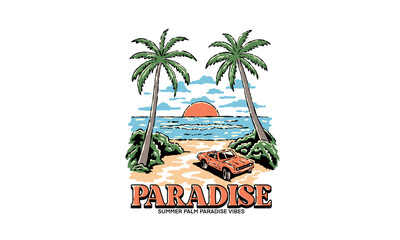 classic car on a tropical beach at sunset. Retro paradise illustration for a summer t shirt print