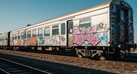 Graffiti-covered train car on tracks