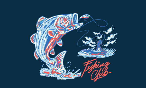 retro artwork of a fisherman catching a jumping bass. Vintage Fishing Club illustration for a t shirt print or poster