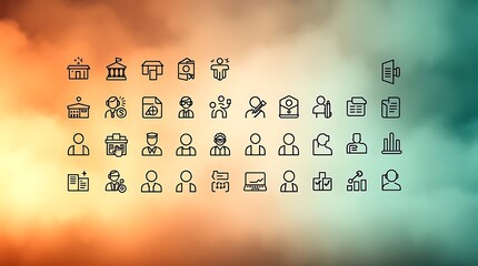 Minimalist Line Icon Set: Collection of Simple Business, People, and Symbol Vectors on Abstract Gradient Background, Perfect for UI/UX Design and Web Development