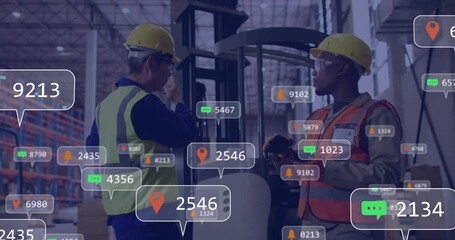 Warehouse operators gesturing at forklift, displaying pins and chat alerts coordinating navigation - Powered by Adobe
