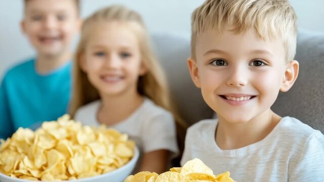 Kids enjoying snack time with chips and smiles in cozy room