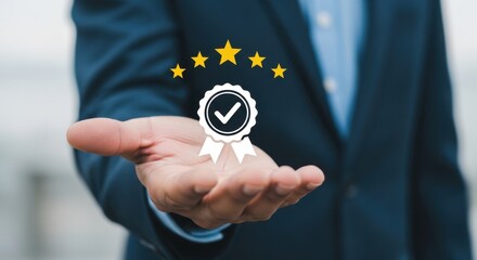 Businessman holding a quality assurance badge with five stars above