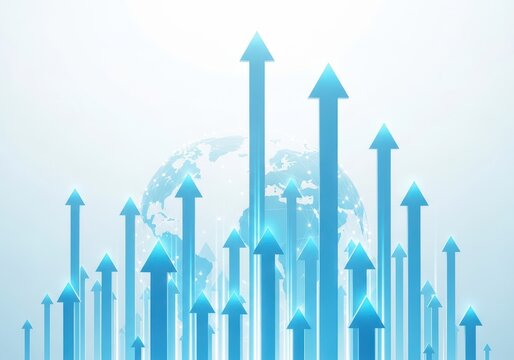 A collection of blue arrows pointing upwards against a light blue background with a faint globe illustration - Powered by Adobe
