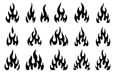 Collection of 18 vector flames in black color perfect for logo design tattoos or any fiery design project